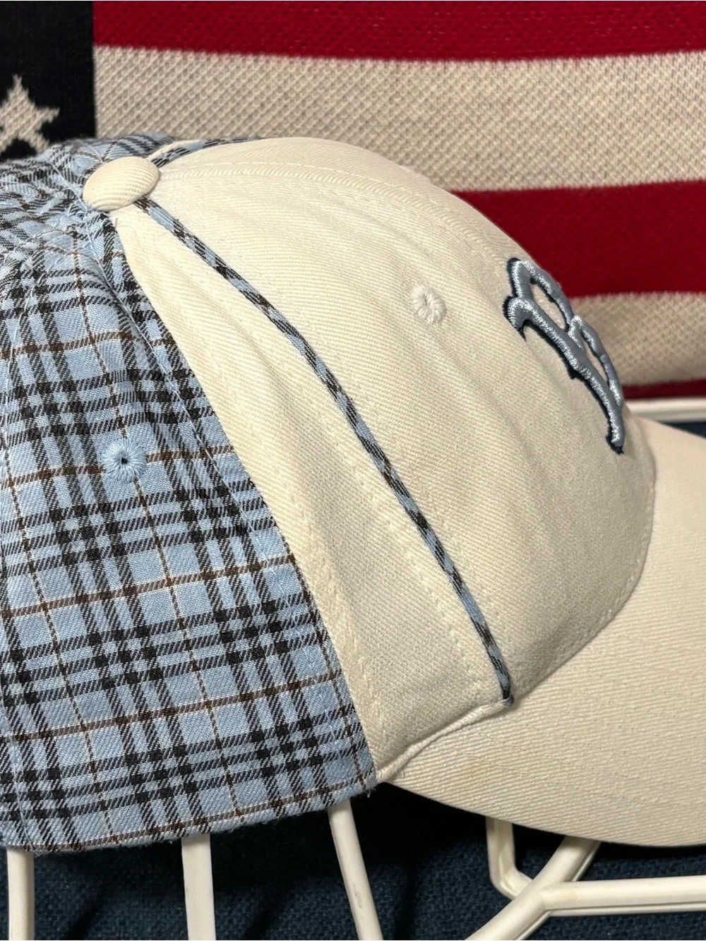 New Era Women's Reversible Cap in Blue Plaid and Cream